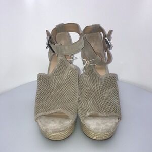 Marc Fisher Alison Espadrille Wedge Peeptoe Suede Leather Tan Grey Taupe Size 9